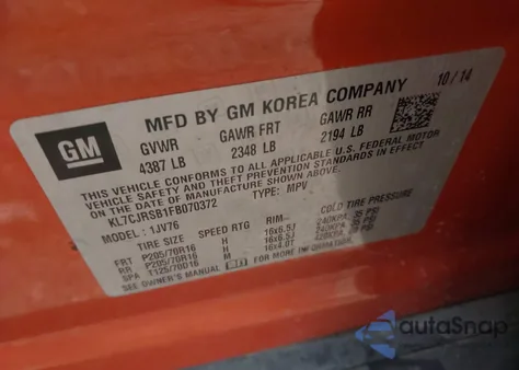 2015 Chevrolet Trax Lt из США, поврежденный, VIN KL7CJRSB1FB070372